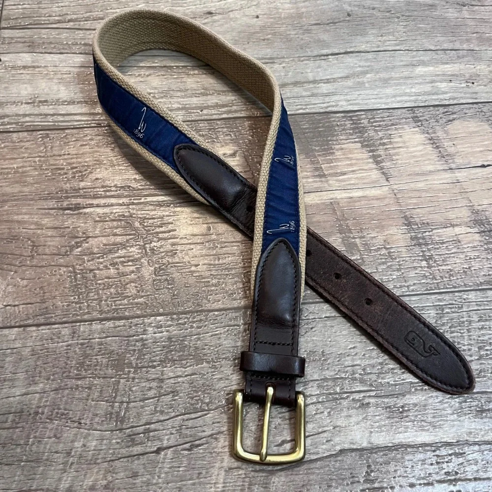 Vineyard‎ Vines Kids Canvas Club Belt Khaki Navy Blue W 1896 Leather Brass 24